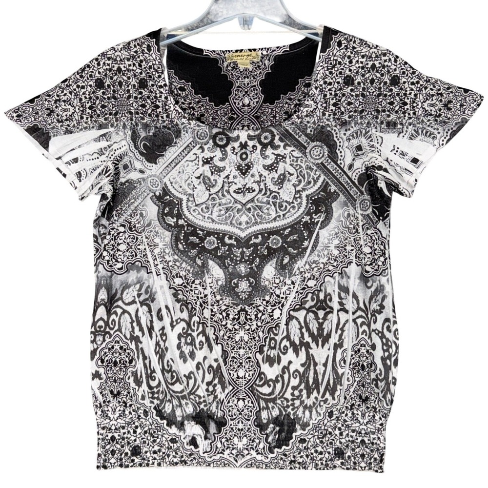 Y2K Energe World Wear Women's S Baroque Gothic Damask Rhinestone Black White Tee
